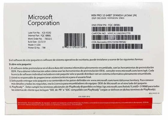 Версия OEM DVD Microsoft Windows 10 загрузки цифров профессиональная 64 сдержанная английская